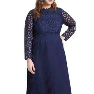 Eloquii Formal Maxi Evening Dress Navy Sz 20 Lace Top Pleated skirt
